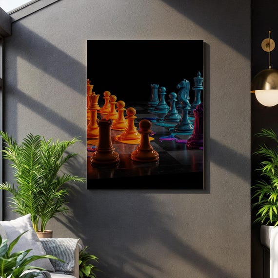Neon Chess Set Canvas Wall Art Modern Glass Pieces On Black Board Vibrant Strategy Game Decor Bold Abstract Print For Creative Minds
