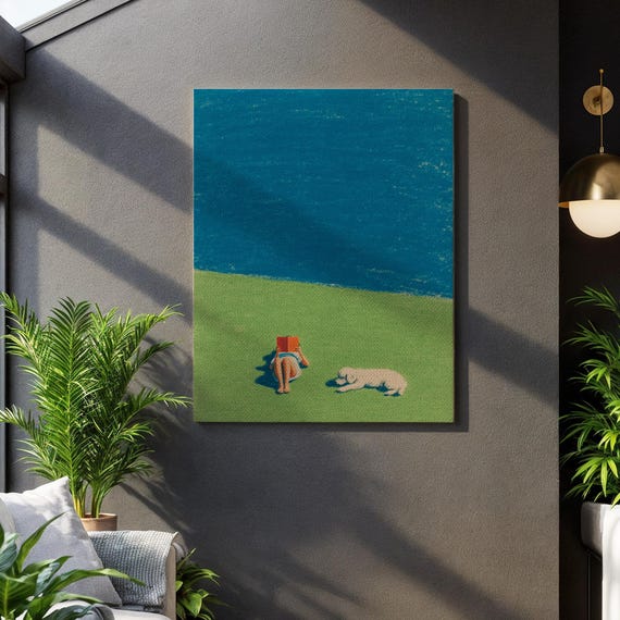 Peaceful Park Painting Serene Wall Decoration Minimalist Landscape Artwork Framed Summer Print Book Lover Gift Woman With Dog