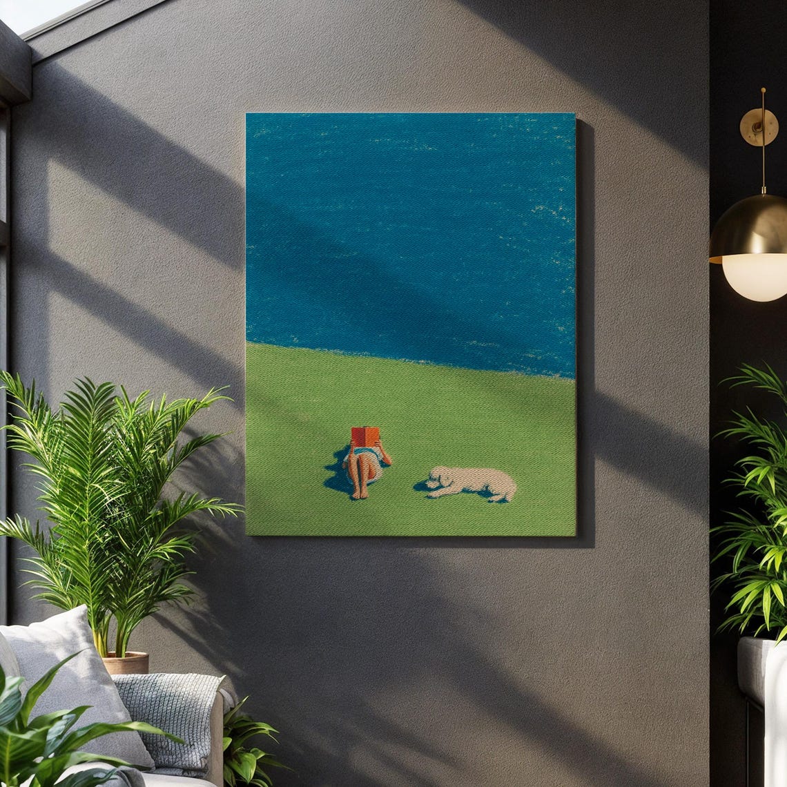 Peaceful Park Reading Poster Person With Dog Minimal Green Art