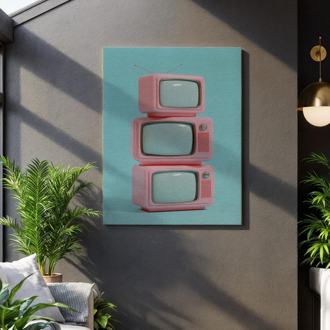 Retro Pink Television Stack Vintage TV Nostalgia Teal Wall Art