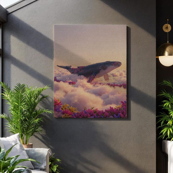 Surreal Whale In Flowers Canvas Wall Art Dreamy Ocean Fantasy Print With Clouds And Florals Framed Whimsical Decor For Creative Spaces