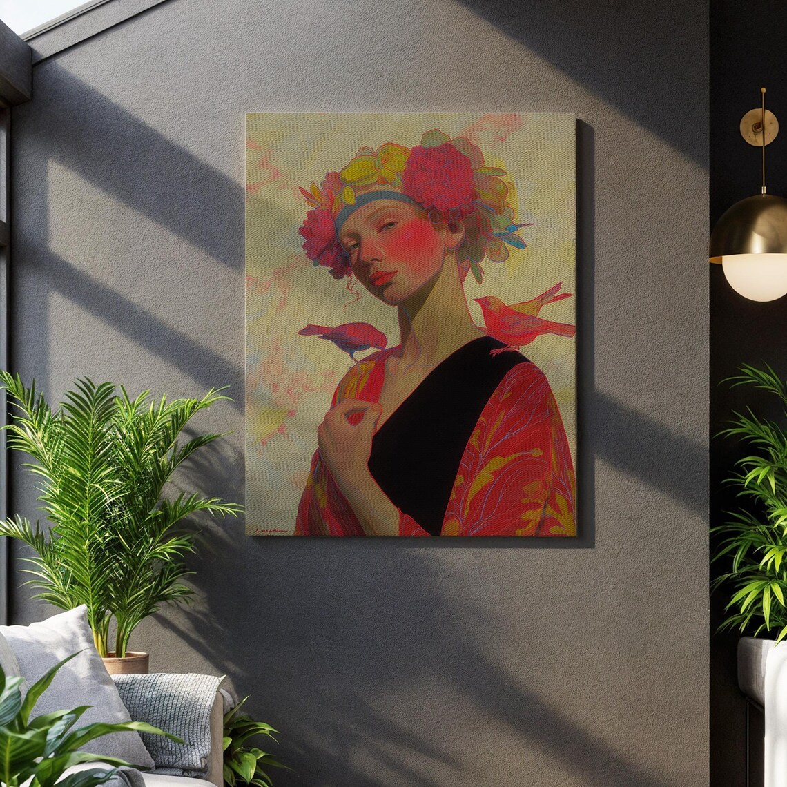 Vibrant Blossom Crown Lady Portrait with Birds Painterly Art Print