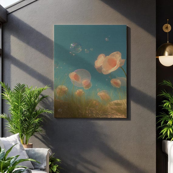 Dreamy Flower Field Wall Art Surreal Bubble Bloom Canvas Print In Blue And Peach Tones Whimsical Nature Painting For Serene Home Decor