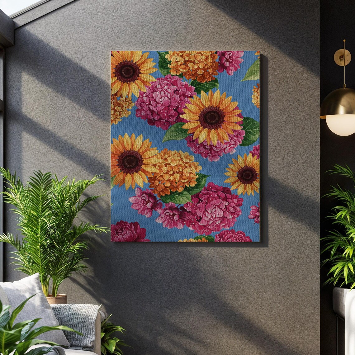 Sunflower And Hydrangea Floral Canvas Art Colorful Summer Wall Print On Blue Bright Botanical Pattern Posterframed Gift For Flower Lovers