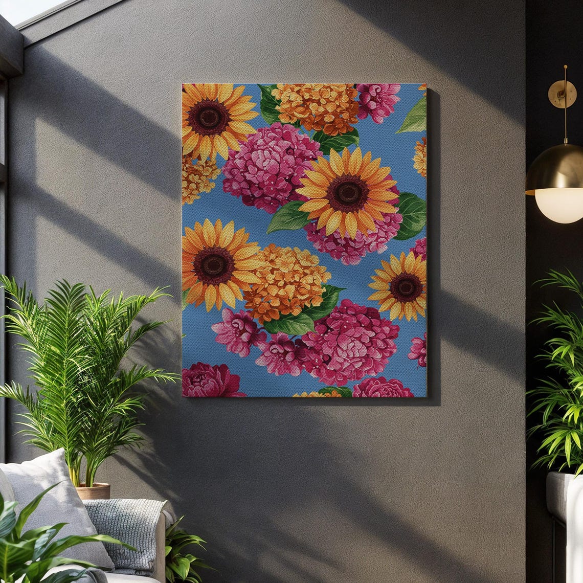 Sunflower Hydrangea Summer Floral Pattern Bright Blue Wall Poster
