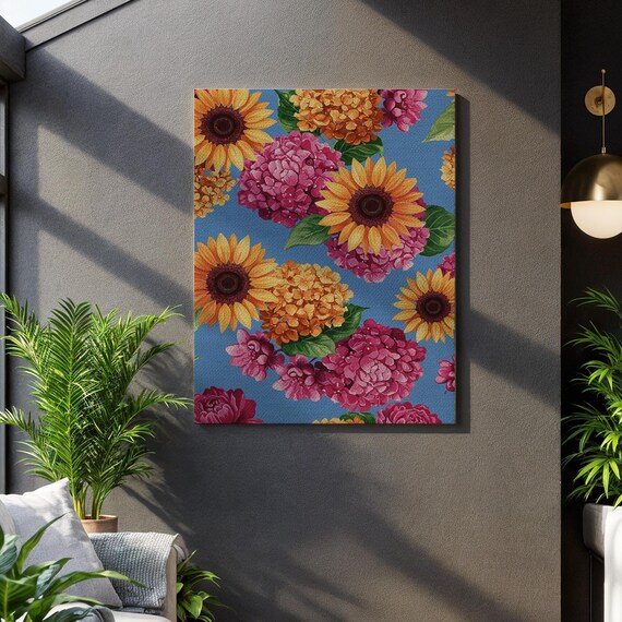 Sunflower And Hydrangea Floral Canvas Art Colorful Summer Wall Print On Blue Bright Botanical Pattern Posterframed Gift For Flower Lovers