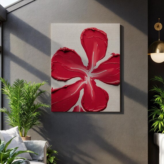 Dramatic Bold Red Bloom Impasto Texture Close Up Floral Art Print