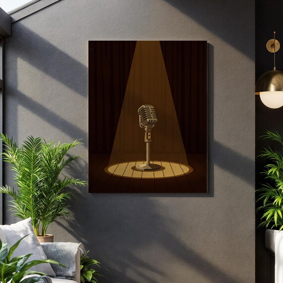Vintage Microphone Canvas Wall Art Spotlight Stage Music Poster Retro Audio Decor For Singers Framed Print Studio Or Lounge Space