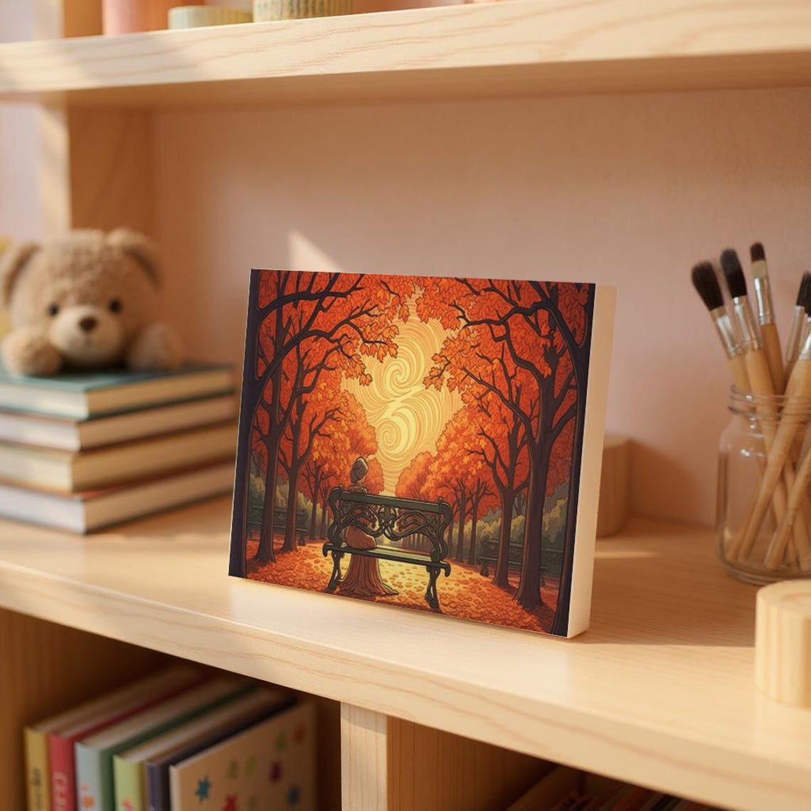 Autumn Park Bench Golden Fall Trees Quiet Romantic Sunset Poster