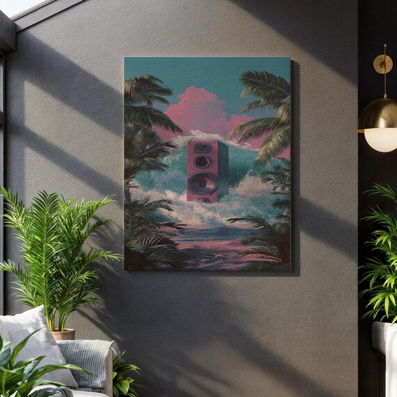 Tropical Beach Speaker Surreal Ocean Wave Retro Music Art Poster