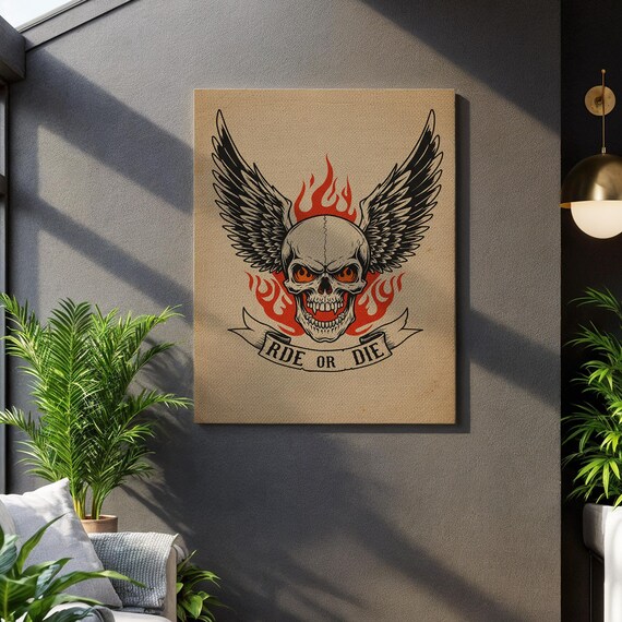 Ride Or Die Flaming Skull Wings Framed Tattoo Canvas Biker Lifestyle Icon Rebel Rocker Art Motorcycle Club Tribute Engine Roar Tune