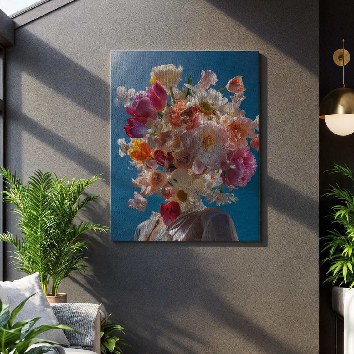 Surreal Bloom Portrait Floral Head Blue Background Bold Feminine Art Poster