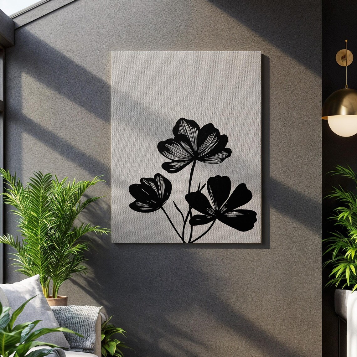Minimalist Black Floral Silhouette Poster on Beige Modern Line Art