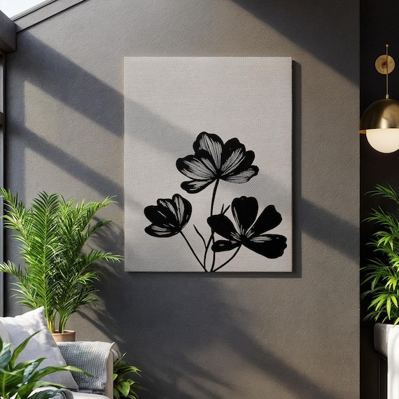 Minimalist Black Floral Silhouette Poster on Beige Modern Line Art