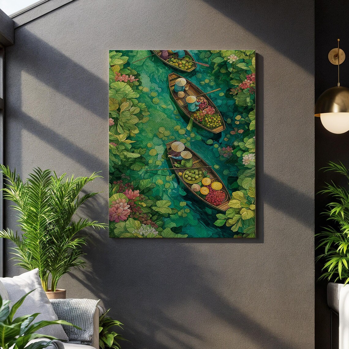 Vietnam Floating Market From Above With Fruit Boats And Lotus Blooms Poster
