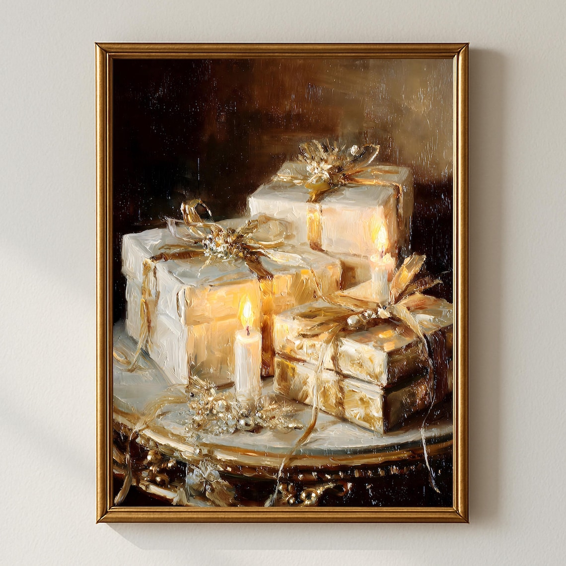 Golden Christmas Gifts Candles Elegant Holiday Still Life Oil Painting Poster