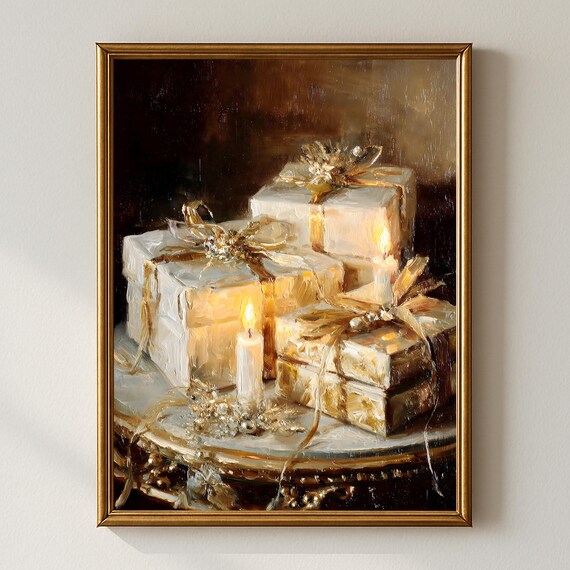 Golden Christmas Gifts Candles Elegant Holiday Still Life Oil Painting Poster