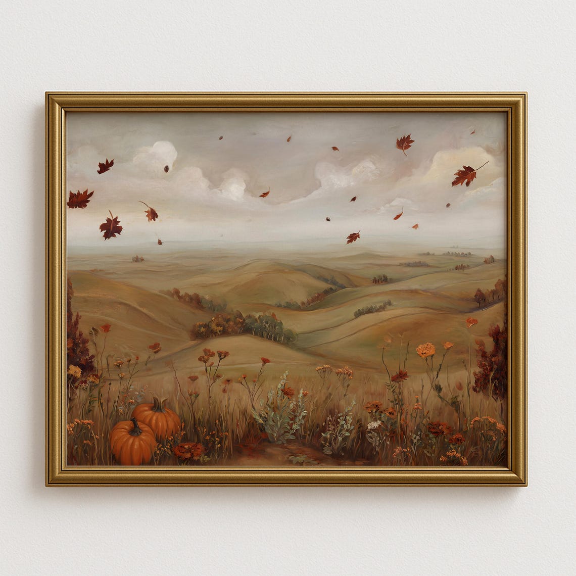Autumn Hills With Pumpkins And Falling Leaves Fall Art Poster