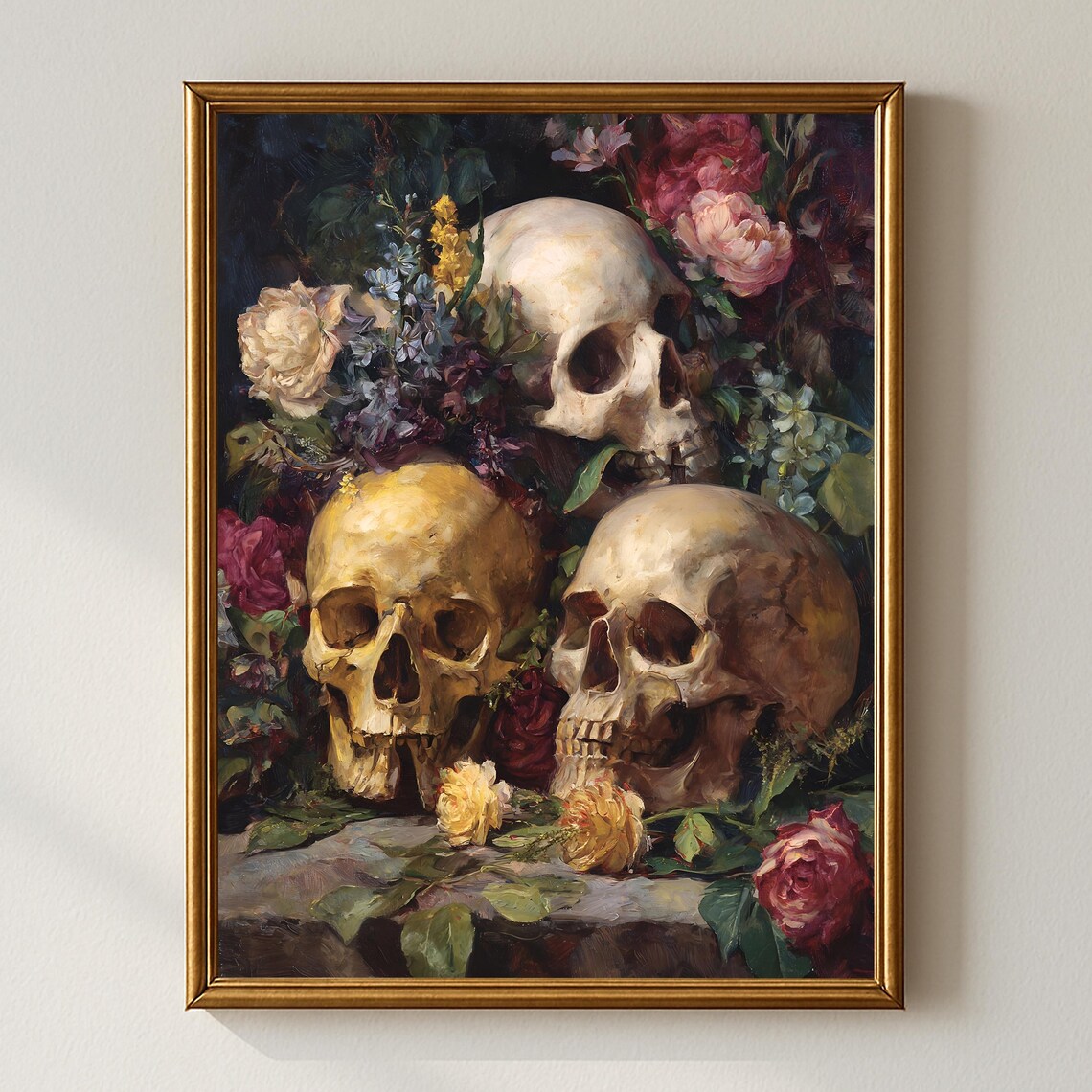 Skulls And Roses Oil Painting, Vintage Baroque Art Print