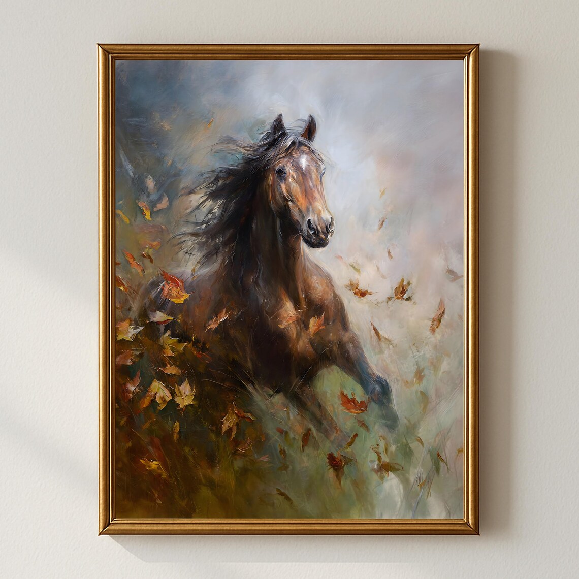 Rustic Horse Wall Art Moody Running With Autumn Leaves Equestrian Farmhouse Landscape Decor