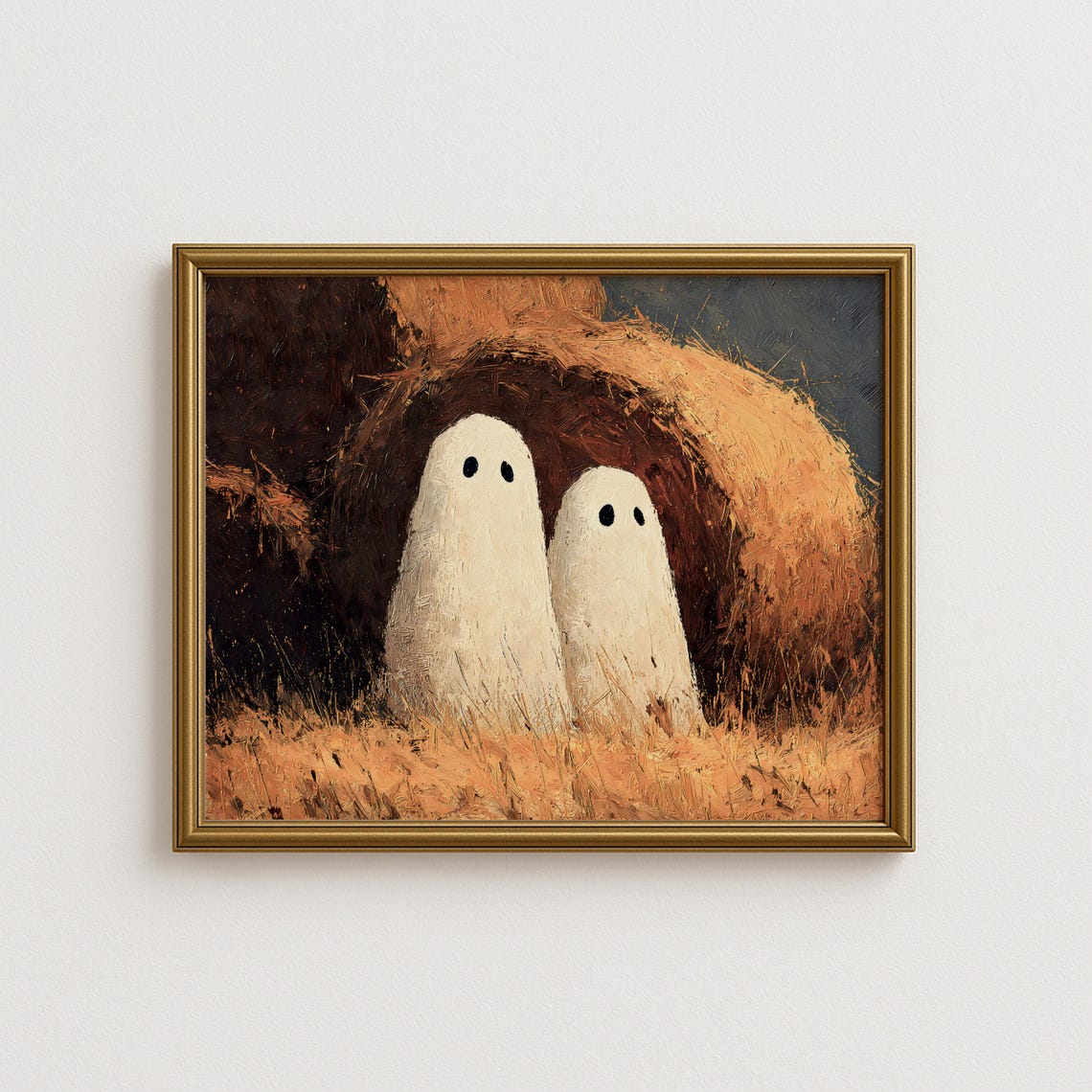 Ghosts In Haystack Wall Art Rustic Fall Cute Halloween Barn Setting Warm Autumn Decor