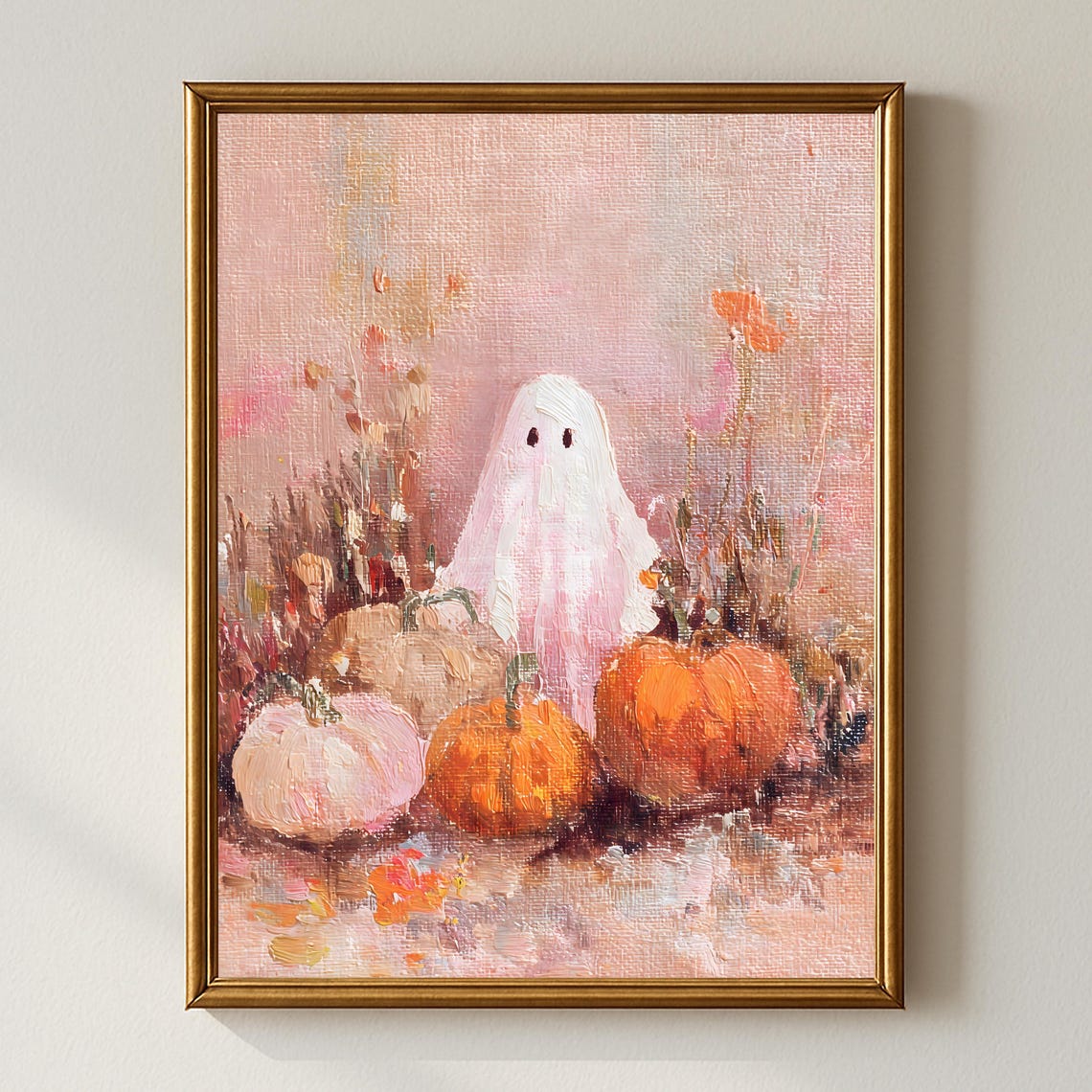 Pink Halloween Wall Art Pastel Pumpkin Painting Cute Spooky Season Artwork Whimsical Fall Decor For Nursery Or Home