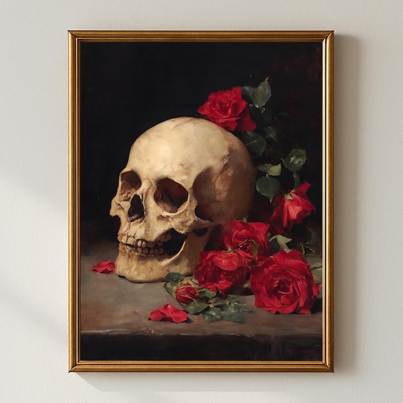 Skull And Roses Oil Painting Gothic Still Life Wall Art Dark Romantic Fine Print Vintage Vanitas Decor Moody Halloween