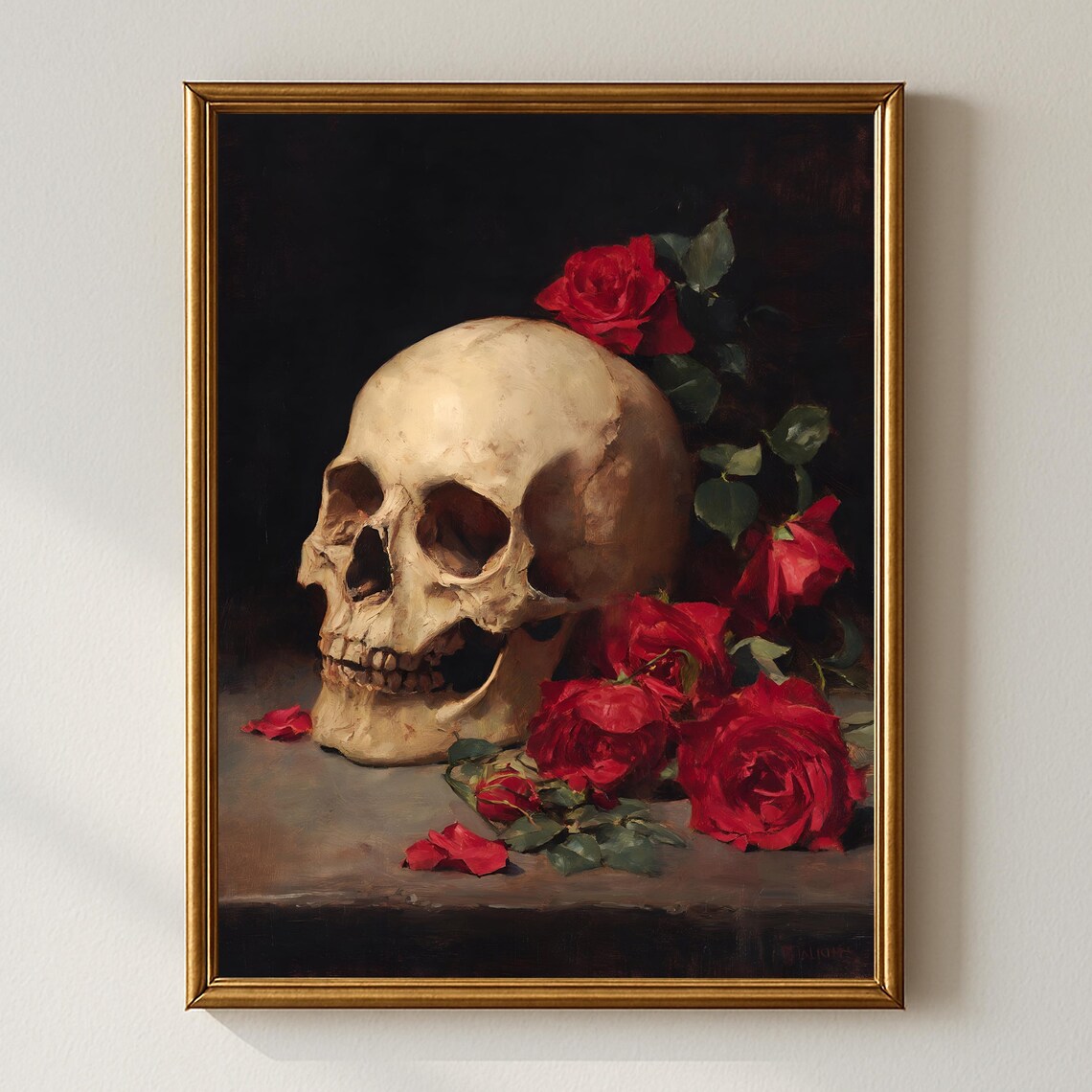 Human Skull With Red Roses Dark Gothic Still Life Oil Art Poster