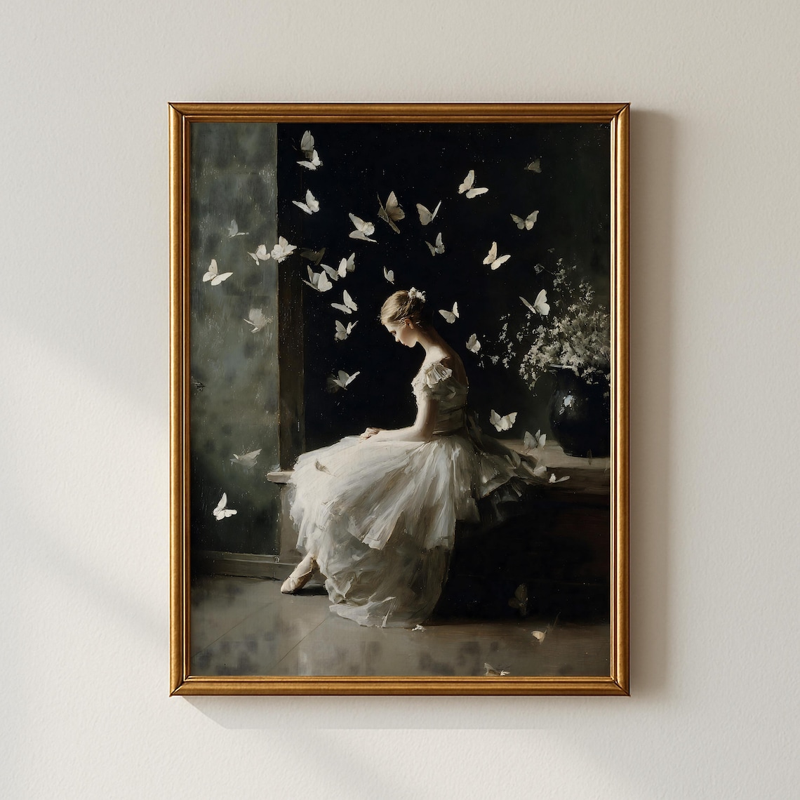 Ballerina White Butterflies Dark Oil Painting Elegant Dancer Dance Poster