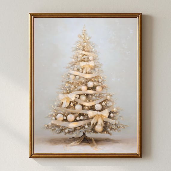 Elegant Neutral Christmas Tree Wall Art Beige Bow Holiday Decor Modern Festive Artwork Minimalist Winter Home Print