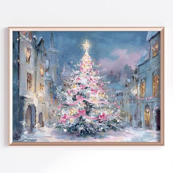 Pink Christmas Tree Snowy European Village Watercolor Holiday Poster