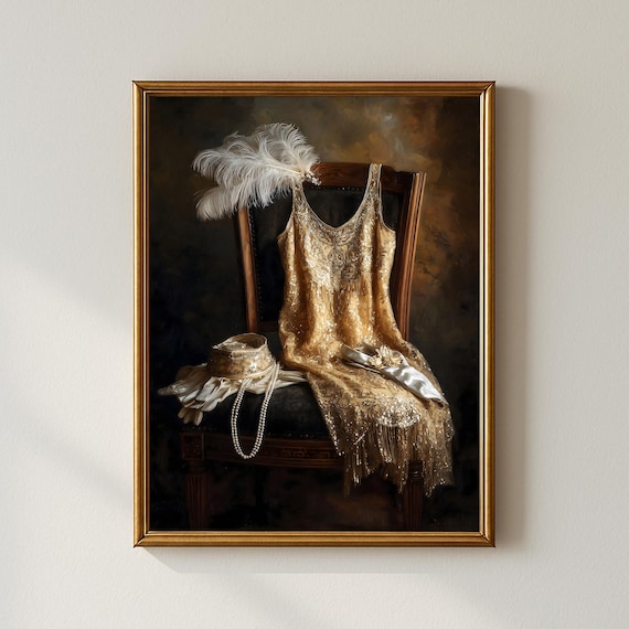 1920s Gold Flapper Dress Still Life Gatsby Fashion Art Poster