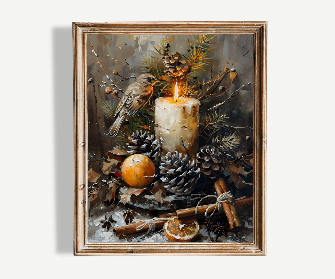 Winter Candle with Bird Pinecones Cinnamon Cozy Holiday Still Life Poster