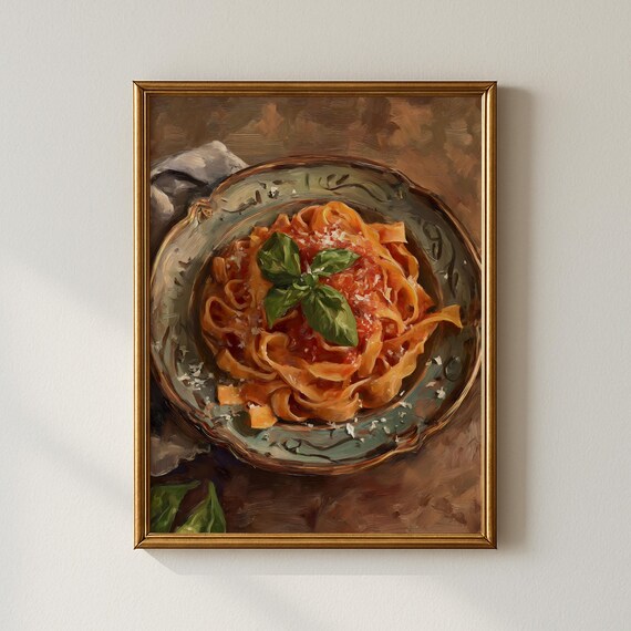 Fresh Pasta With Tomato Sauce And Basil Vintage Food Art Poster