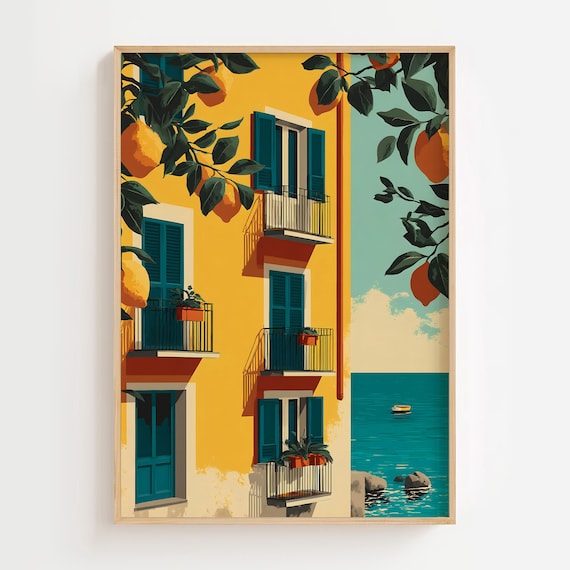 Italian Lemon House Yellow Building Teal Shutters Art Poster