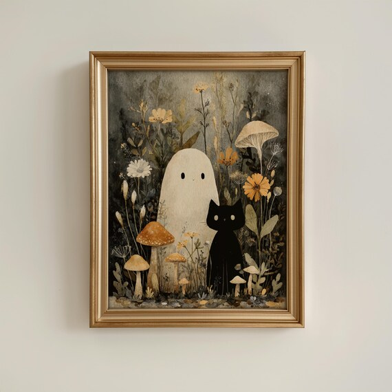 Cute And Cat Wall Art Autumn Floral Forest Print Halloween Nursery Decor Whimsical Illustration