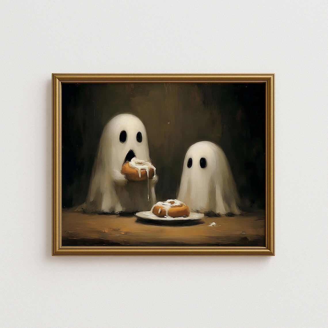 Cute Eating Cinnamon Roll Art Print, Spooky Autumn