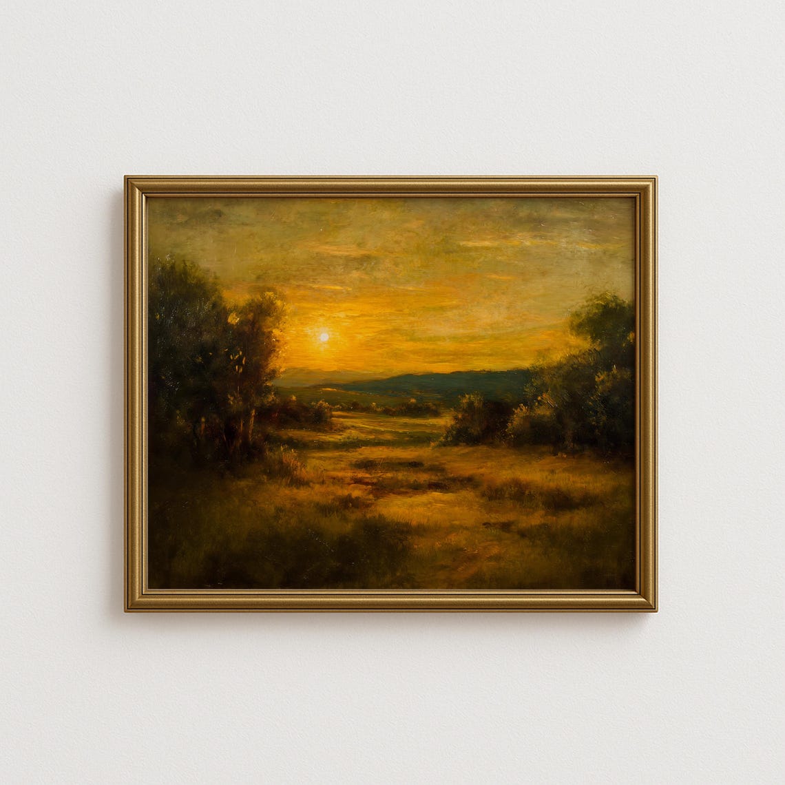 Golden Hour Sun Over Rolling Countryside Fields Farm Art Poster
