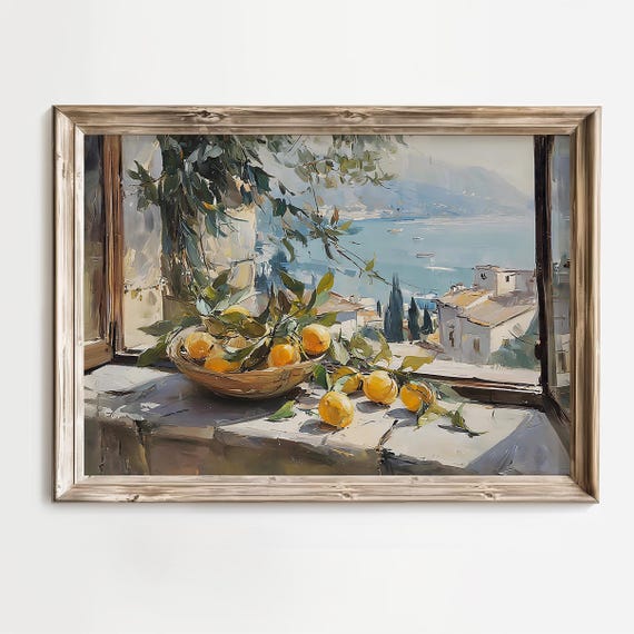 Mediterranean Window View Art Coastal Lemon Tree Wall Decor Italian Seaside Landscape Poster