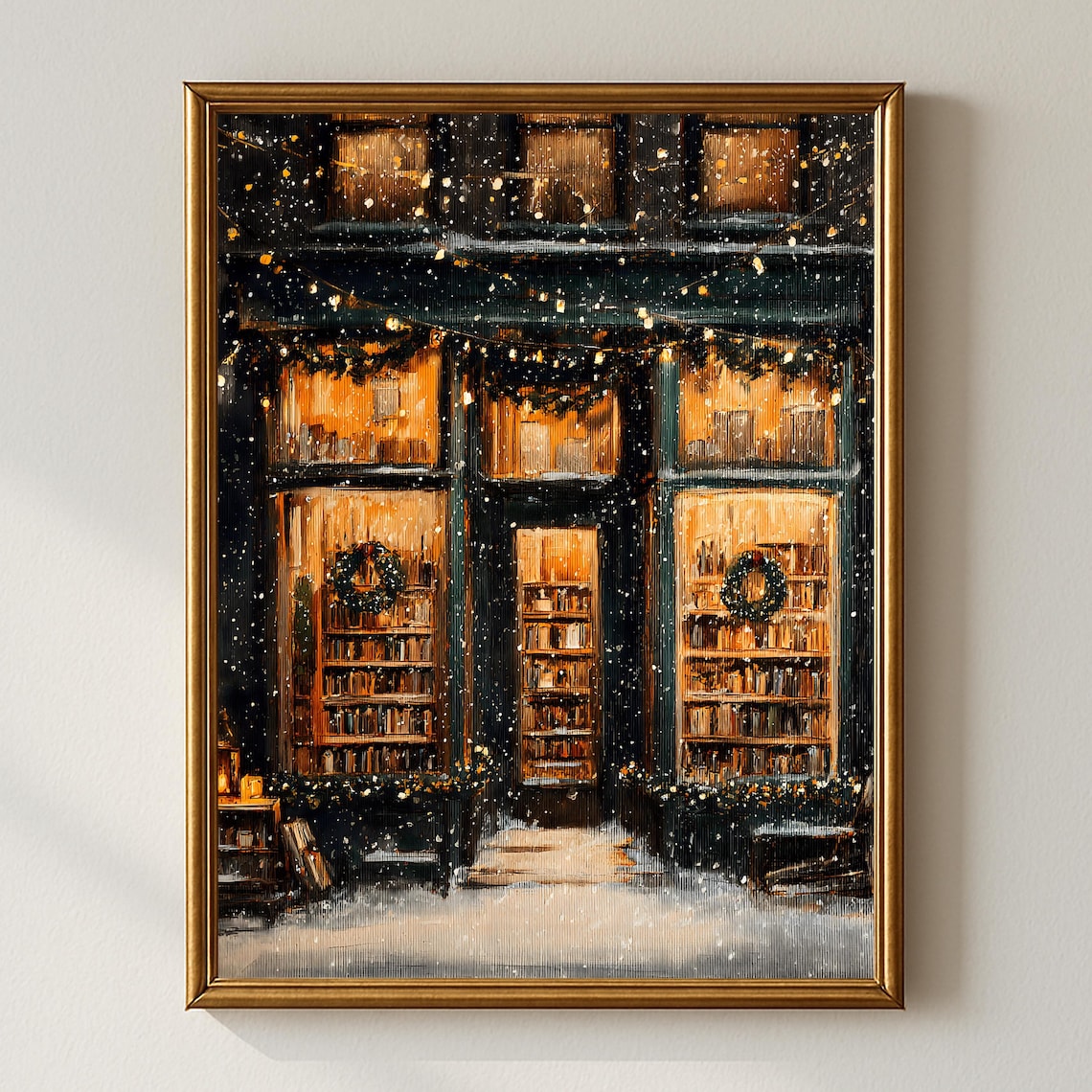Vintage Christmas Bookstore Front, Holiday Travel Poster