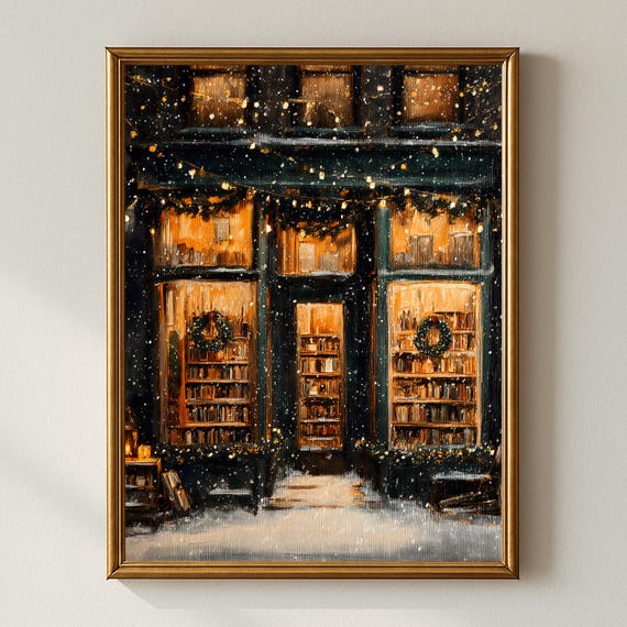 Vintage Christmas Bookstore Front, Holiday Travel Poster