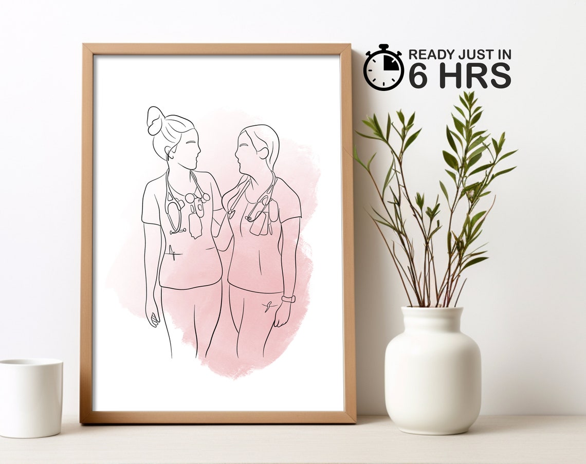 Custom Nurse Duo Line Art Portrait Poster with Pink Watercolor
