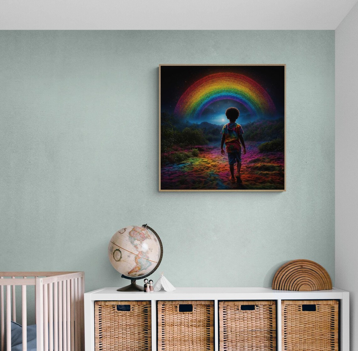 Boy Walking Toward Rainbow in Colorful Dreamland Nursery Print
