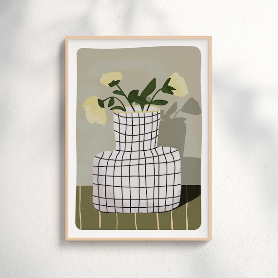 Minimalist Vase Art Print Modern Botanical Wall Neutral Decor Checkered Poster Scandinavian Flower