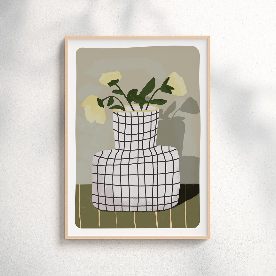 Checkered Grid Vase Yellow Blooms Neutral Botanical Art Print