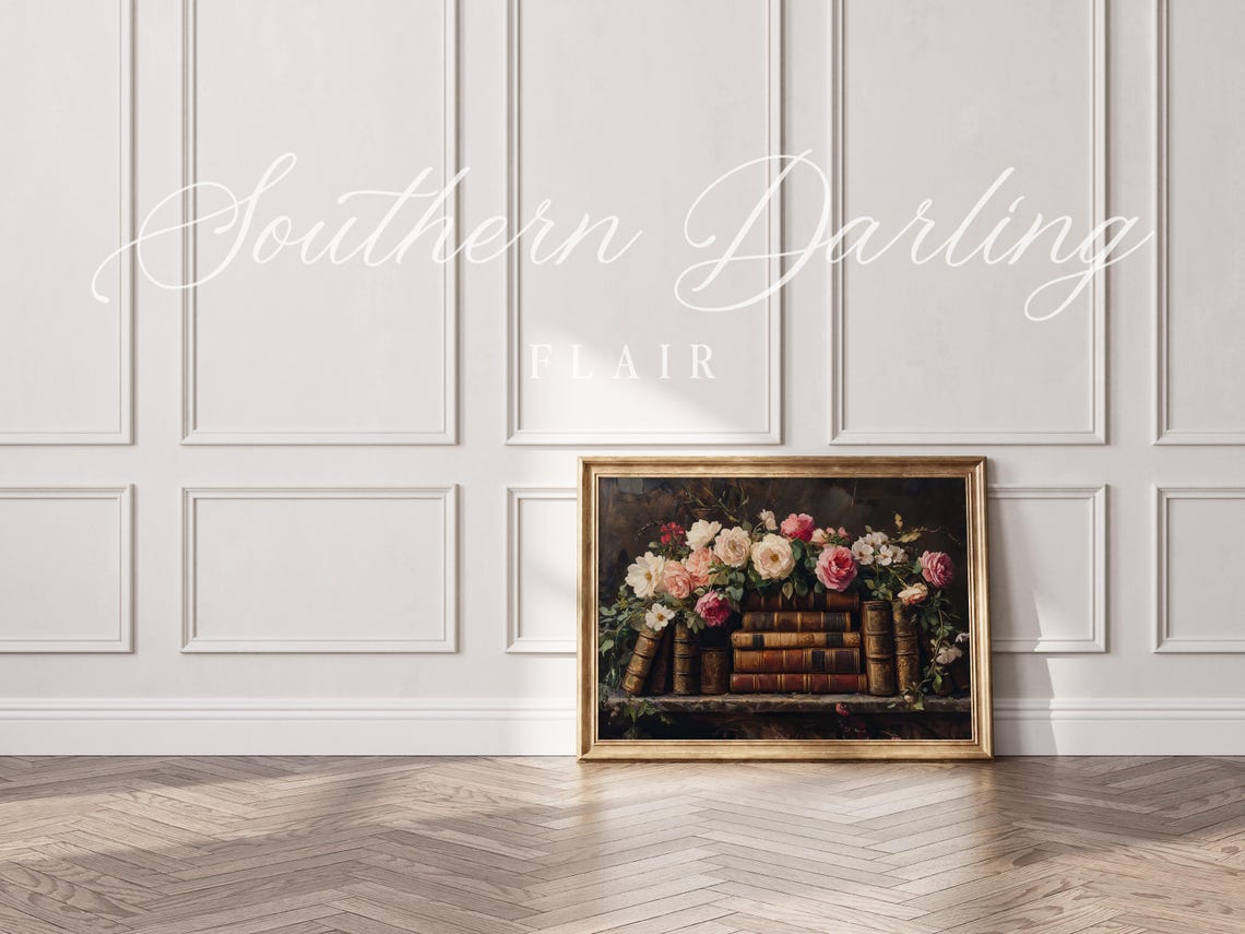 Old Books On Shelf With Trailing Roses Dark Floral Still Life Poster - Image 5