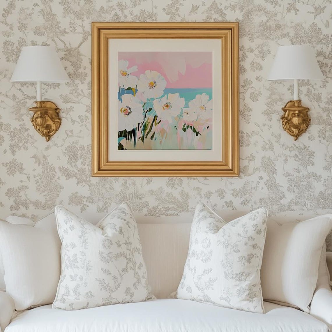 White Wildflowers By The Ocean Pink Sky Coastal Floral Art Poster - Image 5