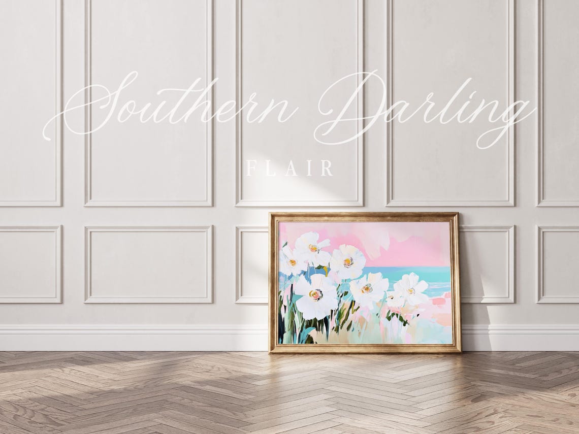 White Wildflowers By The Ocean Pink Sky Coastal Floral Art Poster - Image 3