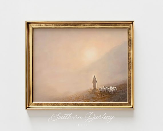 Jesus The Good Shepherd With His Flock On A Misty Golden Sunrise Poster