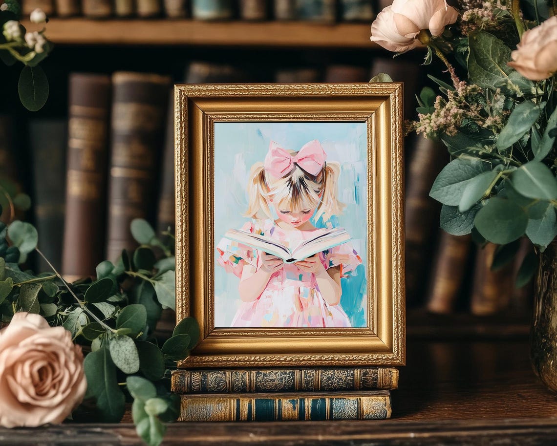 Blonde Girl With Pigtails Reading Book Pink Bow Nursery Art Poster - Image 3